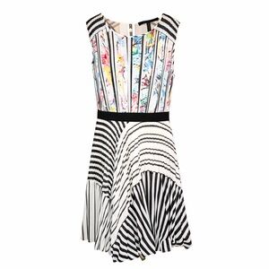 BCBGMAXAZRIA Abstract Pleated Midi Dress Black White Art Deco Modern Size Medium